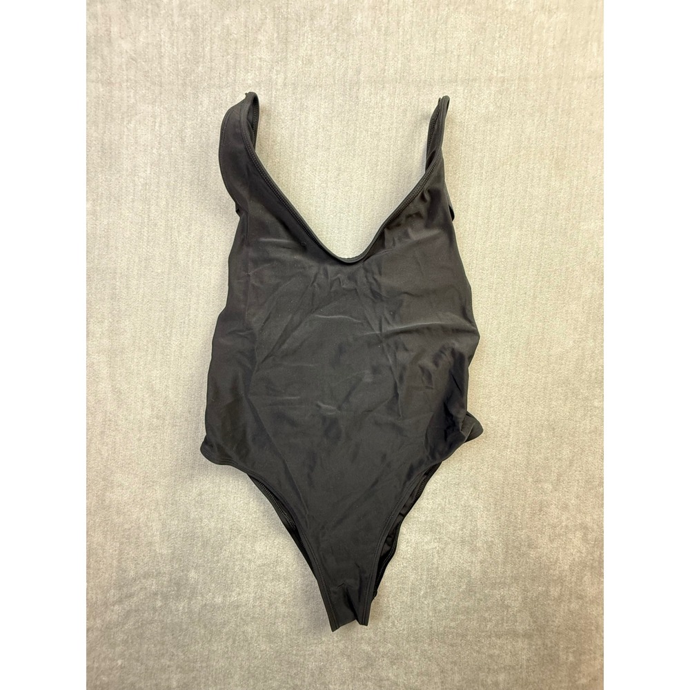 Aerie‎ Black Ruffle Back One Piece Swimsuit V-Neck High Cut Leg Womens Medium